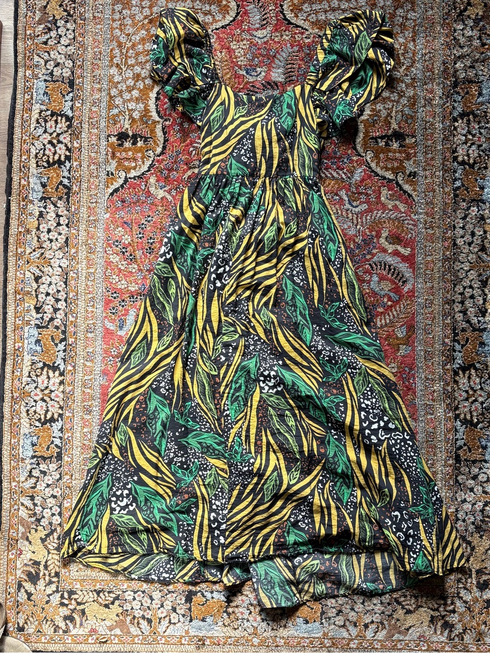 H&M Green and Yellow Tropical Leaf Puff-Sleeve Maxi Dress